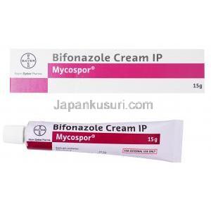 マイコスポール, ビホナゾールクリーム, 15g, 10mg, 製造元：バイエル, 箱, チューブ