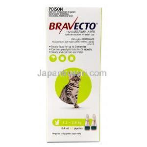 ブラベクトスポットオン,フルララネル112.5mg,小型猫用(1.2kg-2.8kg), 2ピペット X  0.4ml, 製造元MSD Animal Health,箱表面