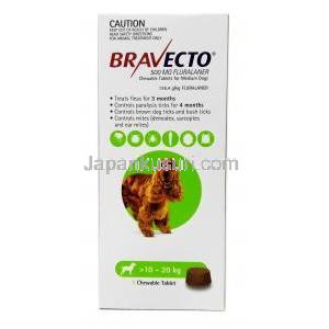 ブラベクトチュアブル フルララネル 500mg,中型犬(10kg-20kg)用チュアブル錠,1錠, 箱表面,製造元：MSD Animal Healthcare,箱表面