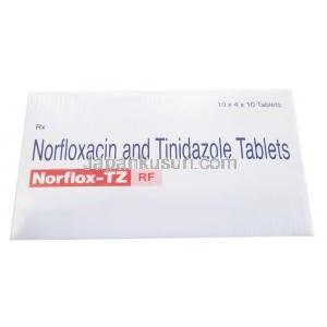 ノルフロックス TZ, チニダゾール 600mg/ ノルフロキサシン 400mg/ 乳酸菌 1億2千万個, 製造元：Cipla 箱上面