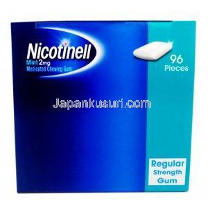 ニコチネル 薬用チューインガム,ニコチンポラクリリン 2mg, ミント味 96個入り , 製造元：GSK,箱側面