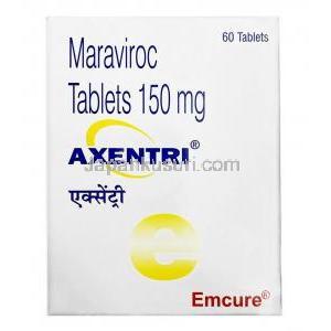 Axentri, Maraviroc 150mg, Emcure Pharmaceuticals Ltd, Box front view