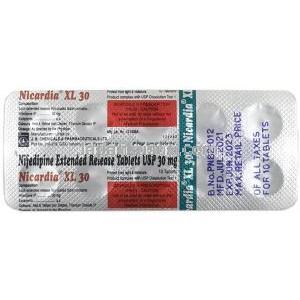 ニカルディア  XL, ニフェジピン 30mg, 製造元：JB Chemical, シート情報