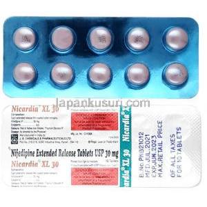 ニカルディア  XL, ニフェジピン 30mg, 製造元：JB Chemical, シート表面, シート情報