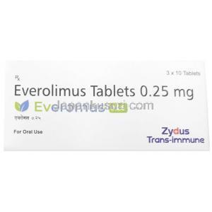 エベロマス 0.25, エベロリムス0.25mg, 製造元：Zydus Cadila, 箱表面