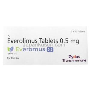 エベロマス 0.5, エベロリムス0.5mg, 製造元：Zydus Cadila, 箱表面