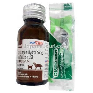 バイオクラン経口液 犬猫用,クリンダマイシン 25mg, 経口液 20ml, 製造元：Sava Vet, ボトル, シリンジ