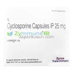 ザイミューン 25, シクロスポリン 25mg, 6カプセル,製造元：Zydus Cadila, 箱表面