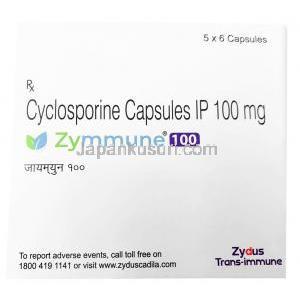 ザイミューン 100, シクロスポリン 100mg, 6カプセル,製造元：Zydus Cadila, 箱表面