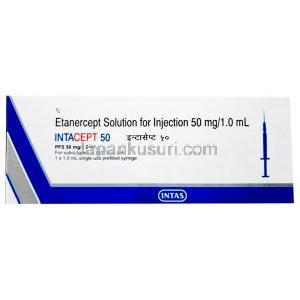 インタセプト 注射,エタネルセプト 1ml あたり50 mg,  注射 1ml,製造元： Intas Pharmaceuticals,箱情報