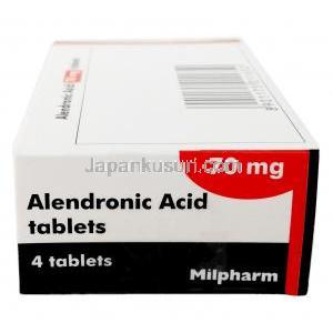 アレンドロン酸 70mg, 製造元：Milpharm Ltd,箱側面