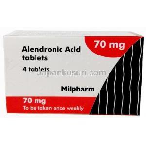 アレンドロン酸 70mg, 製造元：Milpharm Ltd,箱表面