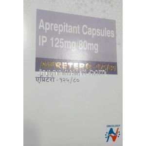 アプレテオ, 1 cap アプレピタント 125mg （1カプセル）＋80mg（2カプセル）,  1セット, 製造元： Hetero Drugs Ltd, 箱表面