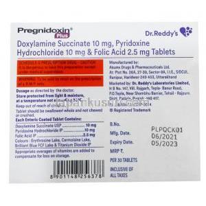 プレグニドキシンプラス ,ドキシラミン 10mg/ ビタミンB6（ピリドキシン) 10mg/ 葉酸 2.5mg, 製造元：Dr Reddy's Laboratories Ltd, 箱情報