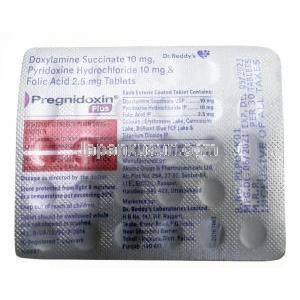 プレグニドキシンプラス ,ドキシラミン 10mg/ ビタミンB6（ピリドキシン) 10mg/ 葉酸 2.5mg, 製造元：Dr Reddy's Laboratories Ltd, シート情報