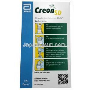 クレオン SD 顆粒,パンクレアチン 150 mg, 30g (120 回分), 製造元：Abbott, 箱情報, 使用方法