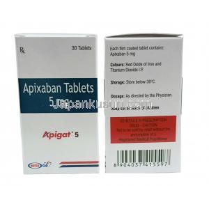 Apigat, Apixaban 5mg, 30tabs, Natco Pharma, Box front and back view