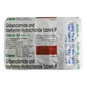 グリニル M , グリベンクラミド  5mg/ メトホルミン 500mg,製造元： Cipla, シート表面, シート情報