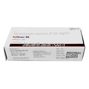 フォリトラックス 注射, メトトレキサート  1mLあたり25mg, 1mL アンプル, 製造元：Ipca Laboratories, 箱情報, 製造日, 消費期限