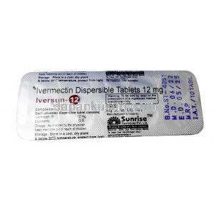 イベルサン, イベルメクチン 12mg, 10錠, 製造元：Sunrise remedies,シート情報