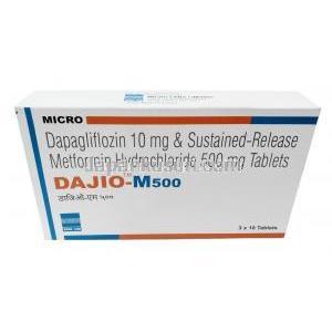 ダジオ M, ダパグリフロジン 10mg/ メトホルミン 500mg, 製造元：Micro Labs, 箱表面