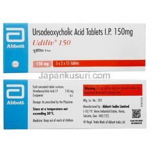 ウディリブ 150, ウルソジオール150mg, 製造元：Abbott India, 箱表面, 箱裏面