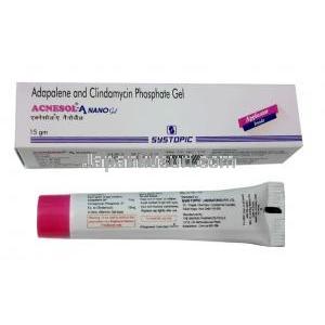 アクネソル A ナノジェル, アダパレン 0.1% w/w(1mg)/ クリンダマイシン 1% w/w(10mg),ジェル 15g, 製造元：Systopic Laboratories, 箱, チューブ情報