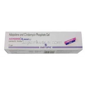 アクネソル A ナノジェル, アダパレン 0.1% w/w(1mg)/ クリンダマイシン 1% w/w(10mg),ジェル 15g, 製造元：Systopic Laboratories, 箱表面