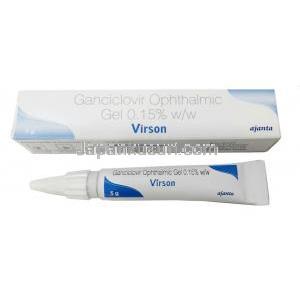 ヴァーソン ジェル, ガンシクロビル 0.15%, 点眼薬 (ジェルタイプ) 5g, 製造元Ajanta Pharma, 箱, チューブ表面