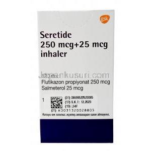 セレタイド インヘラー, サルメテロール 25mcg/ フルチカゾン 250mcg,120回分 インヘラー, 製造元：GSK, 箱裏面