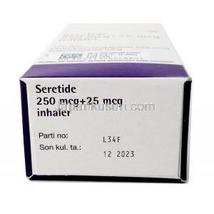 セレタイド インヘラー, サルメテロール 25mcg/ フルチカゾン 250mcg,120回分 インヘラー, 製造元：GSK, 箱底面