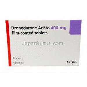 ドロネダロン アリスト400mg, ドロネダロン400mg, 60錠入り, 製造元：Aristo Pharma,箱表面