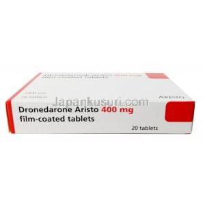 ドロネダロン アリスト400mg, ドロネダロン400mg, 20錠入り, 製造元：Aristo Pharma,箱底面