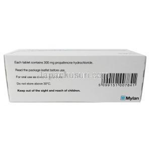 アリスモール, プロパフェノン 300mg, 製造元：Mylan, 箱情報, 成分, 保管方法