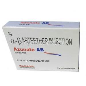 アズテナAB, アーテエター  150mg 注射バイアル 2ml, 製造元：Macleods Pharmaceuticals Pvt Ltd, 箱表面