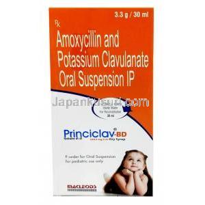 プリンシクラフ BD ドライシロップ,アモキシシリン 200mg/ クラブラン酸 28.5mg, ドライシロップ 30mL, 製造元：Macleods Pharmaceuticals Pvt Ltd, 箱表面