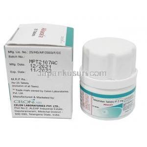 アルカセル, メルファラン2mg, 25 錠, 製造元：Celon Laboratories Ltd, 箱情報, ボトル