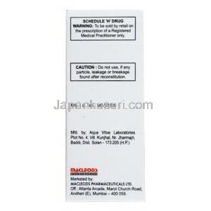 アキュクラフ 静脈注射,アモキシシリン 250mg/ クラブラン酸 50mg, 製造元：Macleods Pharmaceuticals Pvt Ltd, 箱側面