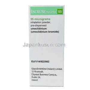 エンクラッセ インヘイラー,臭化ウメクリジニウム 55mcg, インヘイラー 30吸入回分,製造元：GSK, 箱情報, 製造元