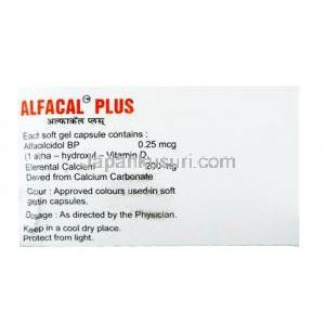 アルファカルプラス , アルファカルシドール 0.25mcg/ カルシウム 200mg, カプセル, 製造元：Macleods Pharmaceuticals Pvt Ltd, 箱裏面情報