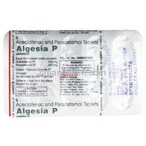 アルゲシア P, アセクロフェナク 100mg/ アセトアミノフェン 325mg, 製造元：Macleods Pharmaceuticals Pvt Ltd, シート裏面情報