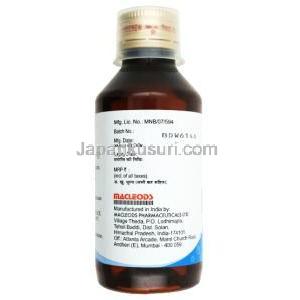 アルカレート内服液, クエン酸水素ナトリウム, 5mLあたり1.37gm, 製造元”：Macleods Pharmaceuticals Pvt Ltd, ボトル側面