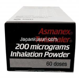 アズマネックス ツイストヘラー, モメタゾンフランカルボン酸エステル 200 mcg, インヘラー (吸入剤 + 吸入器) 60回分,製造元：MSD, 箱底面情報