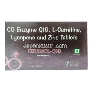 フェルチノール Q10,コエンザイムQ10 25mg/ L-カルニチン 250mg/ リコピン 5000mcg/ 亜鉛 12mg, 製造元：Knoll Heathcare Pvt Ltd, 箱表面