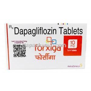 フォシーガ, ダパグリフロジン 10mg, 98 錠, 製造元：AstraZeneca, 箱表面