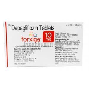 フォシーガ, ダパグリフロジン 10mg, 98 錠, 製造元：AstraZeneca, 箱情報, 製造元