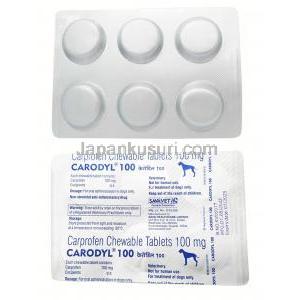 カロディル  100, カプロフェン 100 mg, 6 錠, 製造元：Sava Vet, シート表面, シート裏面