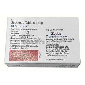 シロムス, シロリムス(ラパマイシン) 1mg, 製造元：Zydus Cadila,箱情報