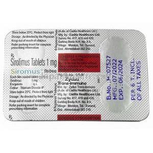 シロムス, シロリムス(ラパマイシン) 1mg, 製造元：Zydus Cadila,シート情報