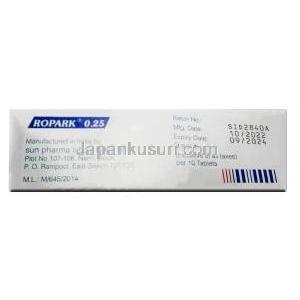 ロパーク0.25, ロピニロール 0.25mg, 製造元：Sun Pharma, 箱情報, 製造元